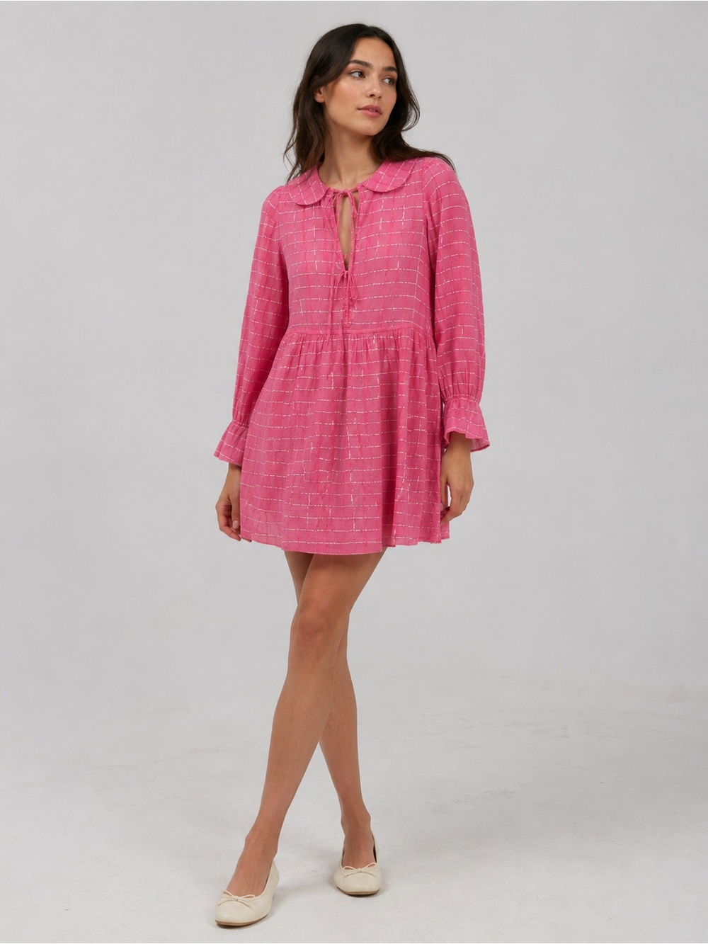 Le Fou Wilfred by Aritzia Pink Metallic Plaid Lightweight Babydoll Dress XS